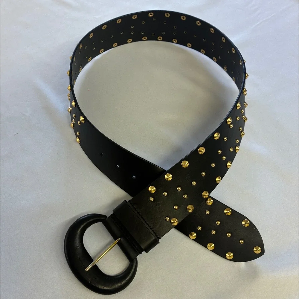 Carlisle Wide Studded Belt Womens M‎ Black Leather Gold Studs Made in Italy
